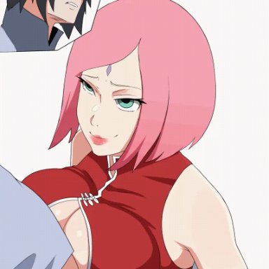 boruto: naruto next generations, naruto, sakura haruno, sasuke uchiha, hannya san, 1boy, 1girls, alternate breast size, boobjob, green eyes, mature, mature female, mature woman, milf, mother