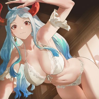 one piece, yamato (one piece), salmon88, 1girls, :3, ahoge, aqua hair, bare shoulders, belly, bent over, big breasts, bra, breasts, cleavage, earrings