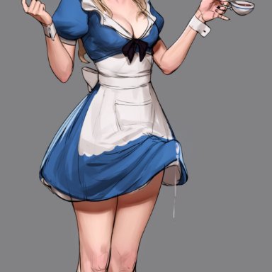 alice in wonderland, alice in wonderland (disney), alice (disney), alice (wonderland), tarakanovich, 1futa, big penis, blonde female, blonde hair, blue eyes, blush, blushing, breasts, cleavage, clothed