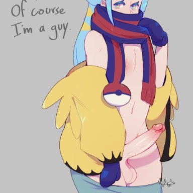 game freak, nintendo, pokemon, pokemon (game), pokemon sv, grusha (pokemon), tingtongten, 1boy, balls, blush, erection, eye contact, femboy, girly, gloves