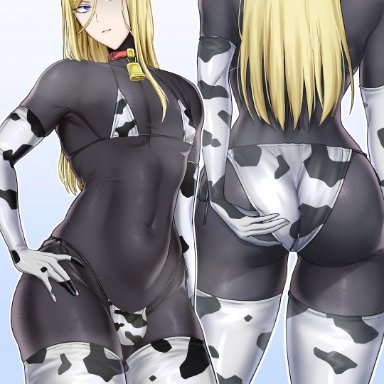 one-punch man, flashy flash, metm, 1boy, armwear, ass, big ass, bikini, bikini top, blonde hair, blue eyes, blush, bodystocking, bulge, cow ears