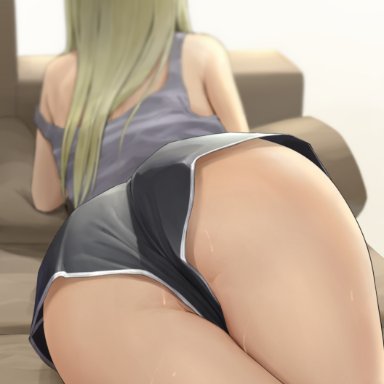 original, ano (gccx8784), 1girls, ass, ass cheeks, ass focus, blonde female, couch, female, female only, from behind, long hair, lying, on stomach, short shorts