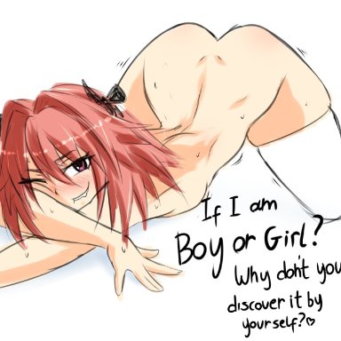 fate/grand order, fate (series), astolfo (fate), porongoneitor, 1boy, ass, eye contact, femboy, girly, legwear, looking at viewer, male, pink hair, solo, solo focus