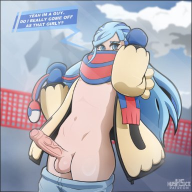 game freak, nintendo, pokemon, pokemon (game), pokemon sv, grusha (pokemon), hushski, 1boy, balls, blue eyes, blue hair, blush, erection, exhibitionism, femboy