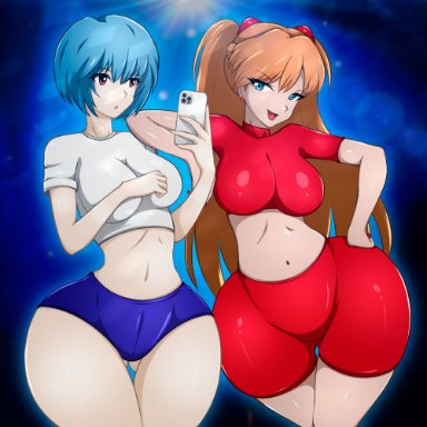 neon genesis evangelion, asuka langley sohryu, rei ayanami, zonen404, 2girls, ass, ass cheeks, belly button, big ass, big breasts, big butt, big hips, blue eyes, blue hair, bottom heavy