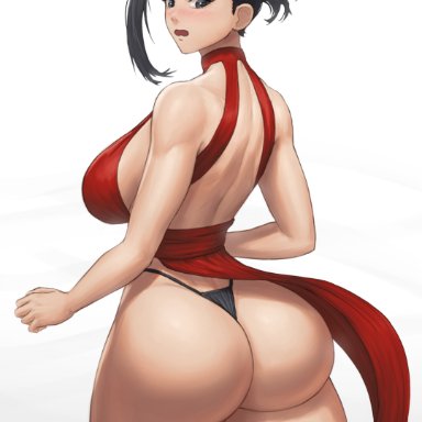 my hero academia, shounen jump, momo yaoyorozu, superbusty, 1girls, ass, ass focus, ass shot, back, back view, backboob, black hair, black panties, black thong, breasts