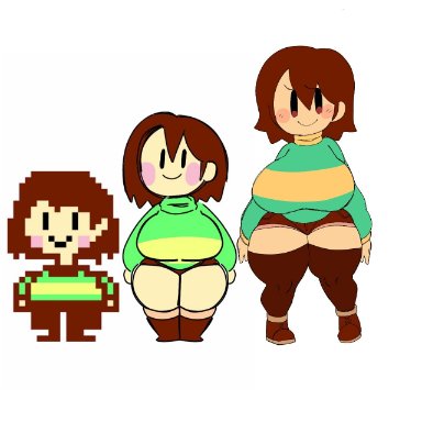undertale, chara, mochikirb, 3girls, breast expansion, breasts, brown hair, huge breasts, large breasts, looking at viewer, minishorts, short hair, shorts, shortstack, smile