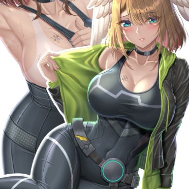 nintendo, xenoblade (series), xenoblade chronicles 3, eunie (xenoblade), sssemiii, 1girls, armpits, arms up, blonde female, blonde hair, blue eyes, breast tattoo, breasts, clothed, clothed female