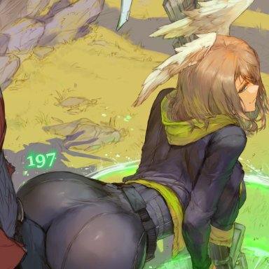 nintendo, xenoblade (series), xenoblade chronicles 3, eunie (xenoblade), noah (xenoblade), cutesexyrobutts, 1boy, 1girls, ass, ass focus, ass shot, bending over, bent over, black clothing, blonde hair