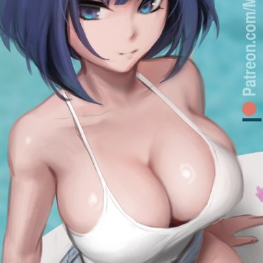 hololive, hololive english, hololive english -council-, ouro kronii, meekohopanes, 1girls, blue eyes, blue hair, booty shorts, breasts, cleavage, female, female only, huge breasts, jean shorts