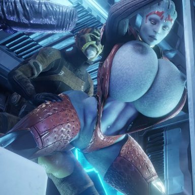 mass effect, asari, batarian, samara, turian, vorcha, dreamhawk, sfmdh, 1girls, 3boys, abs, alien, balls, big ass, big balls