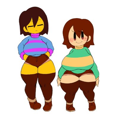 undertale, chara, frisk, mochikirb, 2girls, adorable, big breasts, blush, breasts, brown hair, emotionless, female, female only, fully clothed, huge breasts