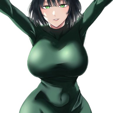 one-punch man, fubuki (one-punch man), rororo, 1girls, armpits, bangs, belly, belly button, big breasts, blush, bob cut, breasts, busty, clothed, clothing