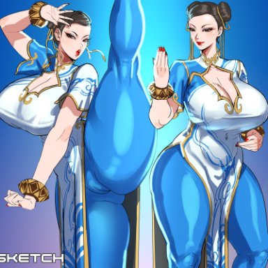 capcom, street fighter, street fighter 6, chun-li, asa (teng zi), 1girls, armwear, asian, asian clothing, asian female, big breasts, blue pants, bracelet, breasts, brown eyes