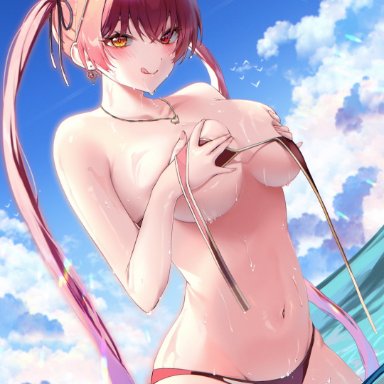 hololive, houshou marine, bikini, blush, breasts, covering, covering breasts, eyewear on head, female, heart, heart-shaped eyewear, heterochromia, large breasts, licking lips, long hair