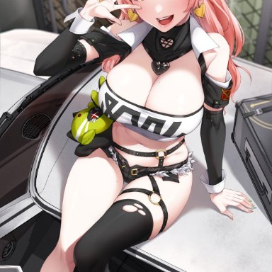 zenless zone zero, nicole demara, akchu, 1girls, booty shorts, breasts, car, cleavage, clothed, clothed female, detached sleeves, female, female only, green eyes, huge breasts
