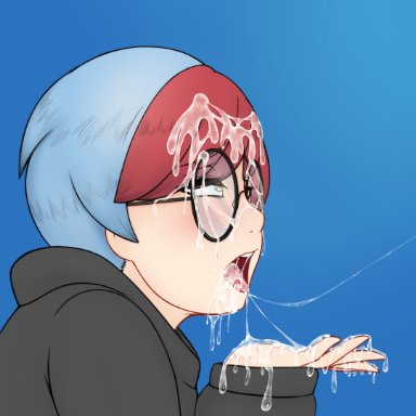 pokemon, pokemon sv, penny (pokemon), babyserval (artist), 1boy, 1girls, blue hair, clothed, cum, cum on face, glasses, leaking cum, looking at partner, red hair, short hair