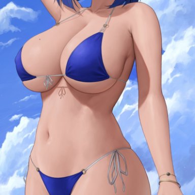 genshin impact, yelan (genshin impact), zaphn, 1girls, beach, bikini, blue bikini, breasts, female, female only, green eyes, hips, huge breasts, outdoors, short hair