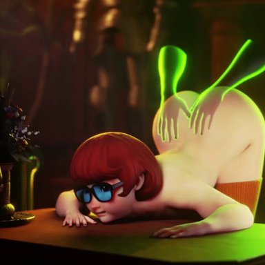 hanna-barbera, scooby-doo, daphne blake, velma dinkley, crisisbeat, 2girls, ass, breasts, brown hair, disembodied hand, disembodied penis, double dildo, female, ghost, glasses
