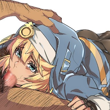 guilty gear, guilty gear strive, bridget, toranpo rintarou, 2boys, anal insertion, ass, blonde hair, blowjob, blue eyes, dildo, dildo in ass, fellatio, female, fingerless gloves