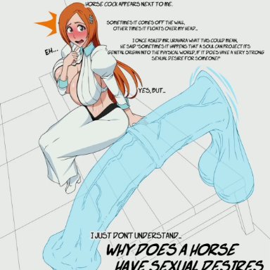 bleach, inoue orihime, maruzyrukun, 1girls, animal genitalia, animal penis, balls, bestiality, big breasts, big penis, blush, breasts, busty, cum, cum on breasts