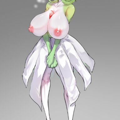 nintendo, pokemon, gardevoir, pok&#233;mon (species), kantan, big breasts, blush, breasts, female, green hair, grey background, hair, humanoid, looking at viewer, nipples