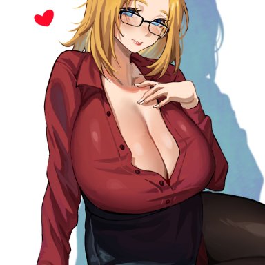 original, inne sulistya robin, norman maggot, sleepyhead, 1female, 1girls, bangs pinned back, black-framed eyewear, black-framed glasses, black frame glasses, black pantyhose, blonde eyebrows, blonde female, blouse, blush