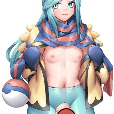 nintendo, pokemon, grusha (pokemon), naidong, 1boy, armpit crease, armpits, belly, belly button, blue eyes, blue hair, breasts, breasts out, exposed breasts, femboy