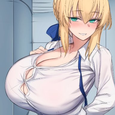 fate/grand order, fate/stay night, fate (series), artoria pendragon, saber, hirasawa seiji, 1girls, ahoge, alternate breast size, barely contained, blonde hair, breasts, cleavage, female, female only