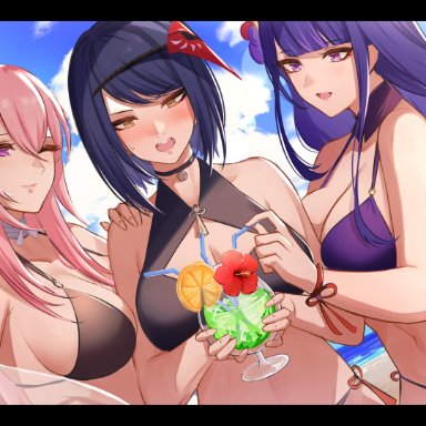 genshin impact, kujou sara, raiden shogun, yae miko, pnatsu, 3girls, beach, bikini, black bikini, black hair, braid, breast press, choker, cleavage, drink