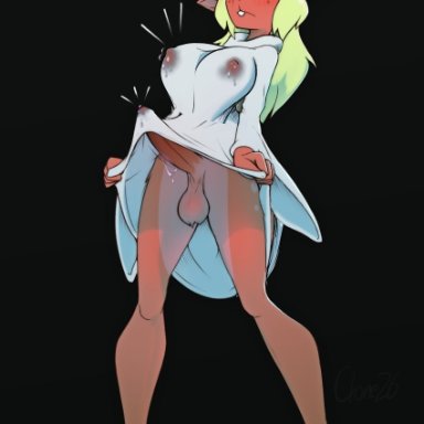 deltarune, undertale (series), noelle holiday, clone26, 1futa, anthro, antlers, balls, big breasts, blonde hair, blush, blush lines, bodily fluids, bottomless, breast expansion