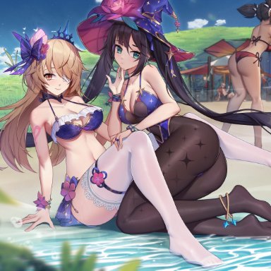 genshin impact, fischl (genshin impact), kaedehara kazuha, lumine (genshin impact), mona (genshin impact), paimon (genshin impact), xinyan (genshin impact), xingchee, 1boy, 5girls, anklet, ass, bangs, bare legs, barefoot