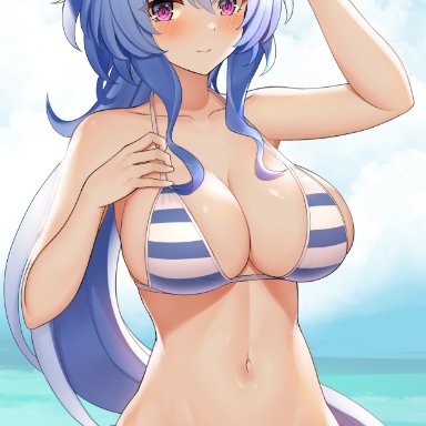 genshin impact, ganyu (genshin impact), komainu (yamaha1997), 1girls, ahoge, bikini, blue hair, blush, breasts, cleavage, day, goat horns, horn, huge breasts, long hair