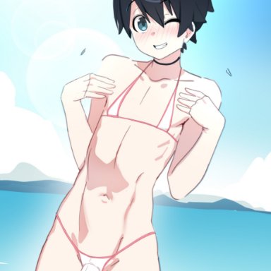 bigppea, 1boy, black hair, blue eyes, blush, bulge, choker, eye contact, femboy, girly, looking at viewer, male, male only, micro bikini, one eye closed