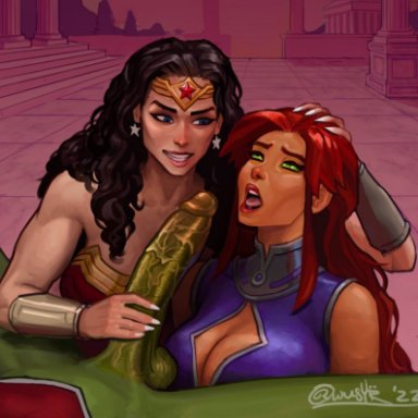 dc comics, teen titans, wonder woman (series), young justice, beast boy, koriand'r, starfire, wonder woman, owusyr, 1boy, 2girls, amazon, big penis, black hair, blowjob