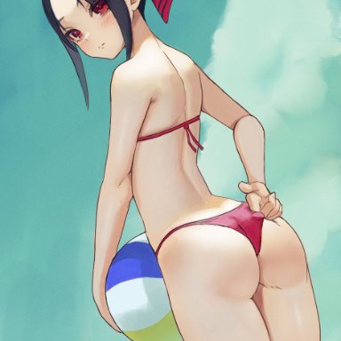 fujiwara chika, shinomiya kaguya, zefra bleu, 2girls, ass, beach, bikini, black hair, blush, eye contact, female, female focus, female only, hair ribbon, looking at viewer