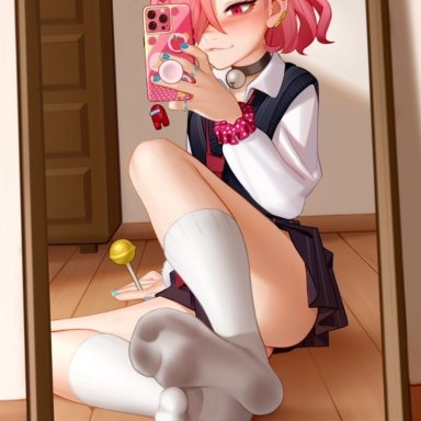 kairuhentai, clothed female, feet, foot fetish, glass, lollipop, phone, pink hair, reflection, school uniform, socks