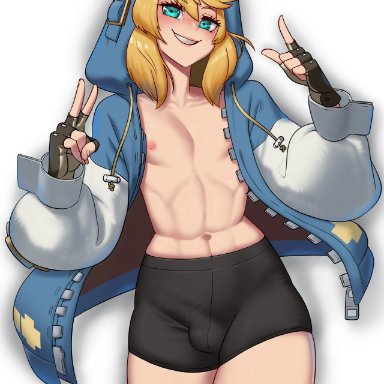 guilty gear, guilty gear strive, bridget, zipsha, androgynous, balls, blonde hair, blue eyes, bulge, clothed, clothing, erection, erection under clothes, femboy, fully clothed