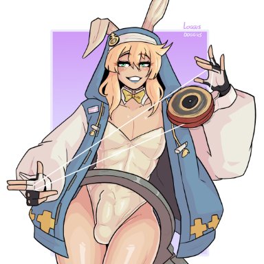 guilty gear, guilty gear strive, bridget, loggus doggus, blonde hair, bowtie, bulge, bulge through clothing, bunny ears, bunnysuit, clothed, clothing, erection under clothes, femboy, fully clothed
