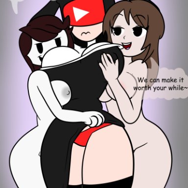 jaiden animations, site-tan, youtube, emirichu, jaiden, youtube-tan, beanontoast, 3girls, arms up, clothed, clothed female nude female, dress, dress lift, embarrassed, hands up
