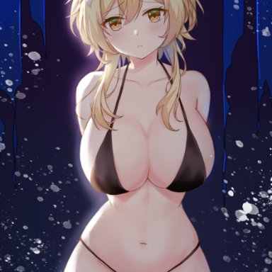 genshin impact, lumine (genshin impact), alternate costume, arms behind back, bare shoulders, bikini, black bikini, blonde female, blonde hair, breasts, closed mouth, cowboy shot, female, large breasts, legs together