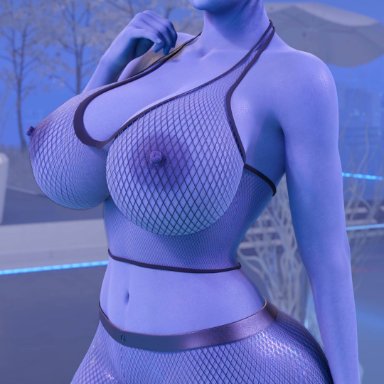 mass effect, asari, liara t'soni, nyes117, alien, alien girl, areolae, belly button, big breasts, blue eyes, blue skin, breasts, curvy, fishnets, huge breasts