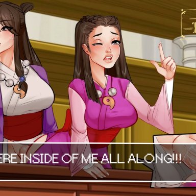 ace attorney, gyakuten saiban, maya fey, sister iris, missbehaviour, 1futa, 1girl1futa, 1girls, ambiguous penetration, big breasts, breasts, brown eyes, brown hair, casual, clothed