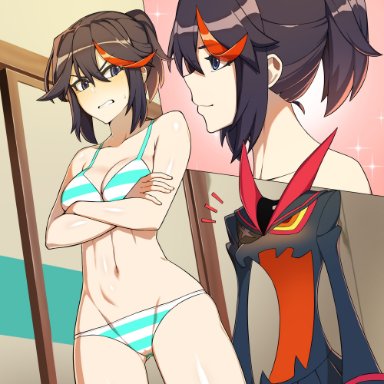 kill la kill, matoi ryuuko, senketsu, hyperbudd, terebozu92, alternate hairstyle, annoyed, bikini, black hair, blue eyes, breasts, clenched teeth, cowboy shot, crossed arms, female