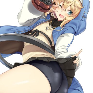 guilty gear, guilty gear strive, bridget, hinata sora, 1boy, ass, ass focus, bangs, bare legs, bike shorts, black gloves, black ribbon, blue jacket, blush, butt crack