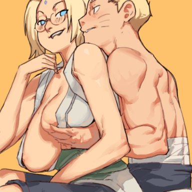 naruto, naruto (series), naruto shippuden, tsunade, uzumaki naruto, ac120, 1boy, 1boy1girl, 1girls, age difference, areola slip, big breasts, biting lip, biting own lip, blonde female