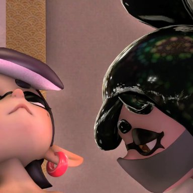 splatoon, splatoon 2, callie (splatoon), marie (splatoon), ameafterdark, sariken, animated, fingering, fingernails, fishnet, incest, kunoichi, lesbian, mask, moaning in pleasure