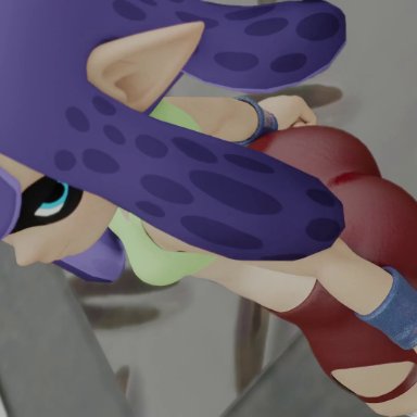 nintendo, splatoon, inkling, inkling girl, kishi, 1girls, ass, ass jiggle, ass shake, back, belly, big ass, bike shorts, black sports bra, blue eyes