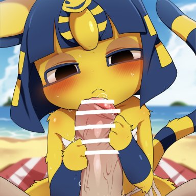 animal crossing, nintendo, ankha, ankha (animal crossing), dagasi, anthro, ass, beach, blush, bodily fluids, clothing, detailed background, domestic cat, felid, feline