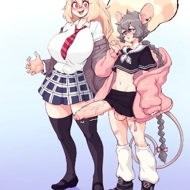 original, dmxwoops, animal ears, big balls, big breasts, big penis, blonde female, blonde hair, blush, curvy, femboy, feminine male, grey hair, height difference, huge breasts